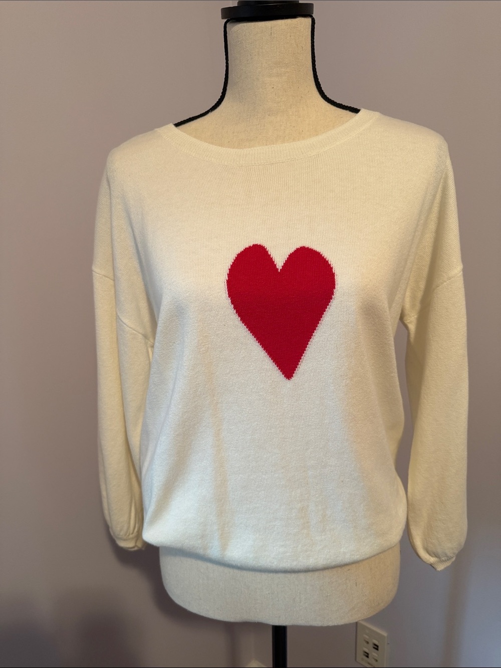 j. society Cream Crewneck Sweater with Red Heart Motif